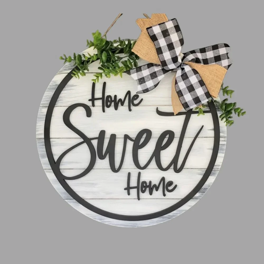 Home Sweet Home Front Door Hanging Sign with Buffalo Check Bow Farmhouse Shiplap